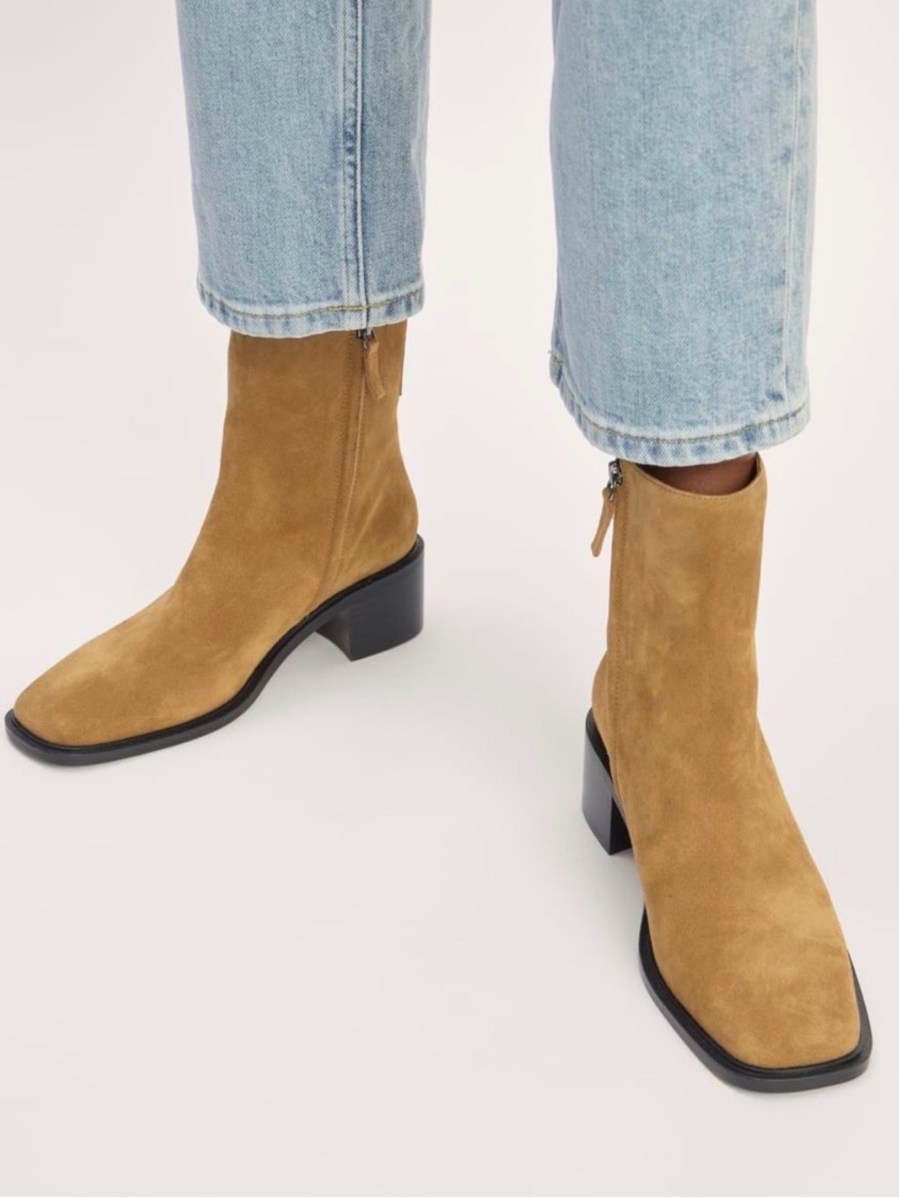 Everlane The City Boot in Toasted Almond Suede 7.5 Side Zip Block Heel Ankle